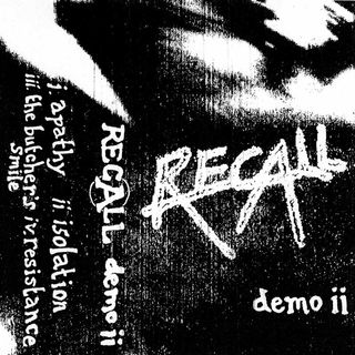 digital jcard mockup featuring distressed white text on a black background with the name RECALL, demo ii, and the track titles.