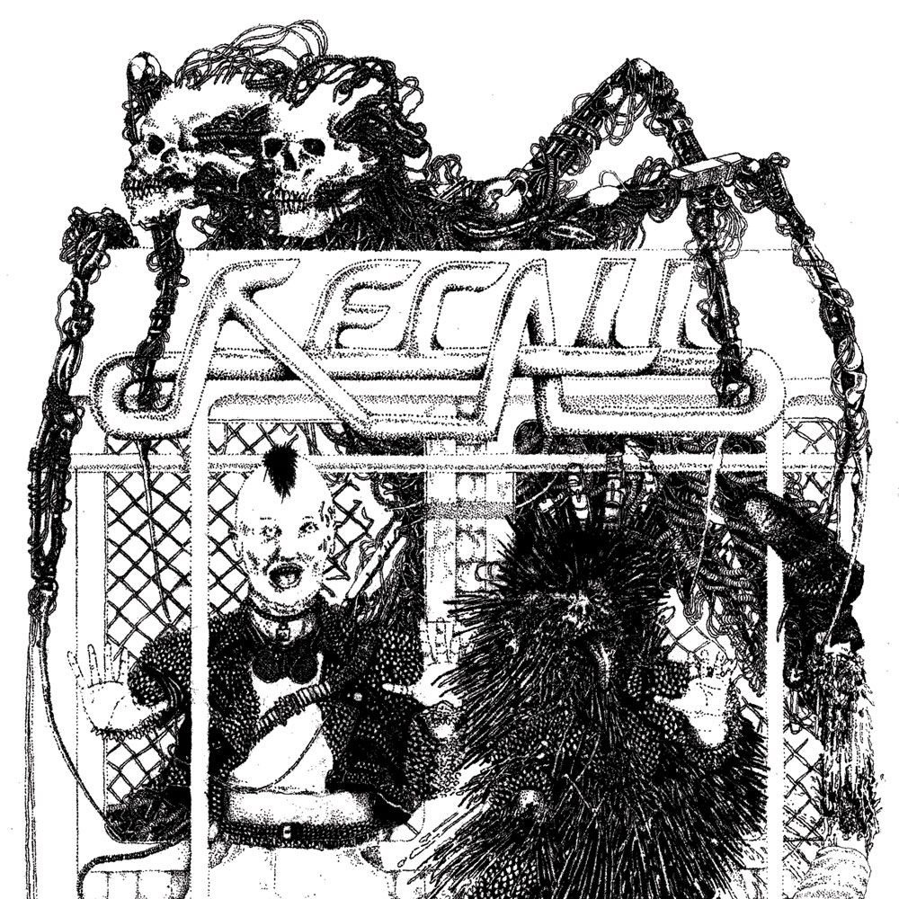 distressed drawing of a small figure falling off a steep staircase into a stone-walled chasm